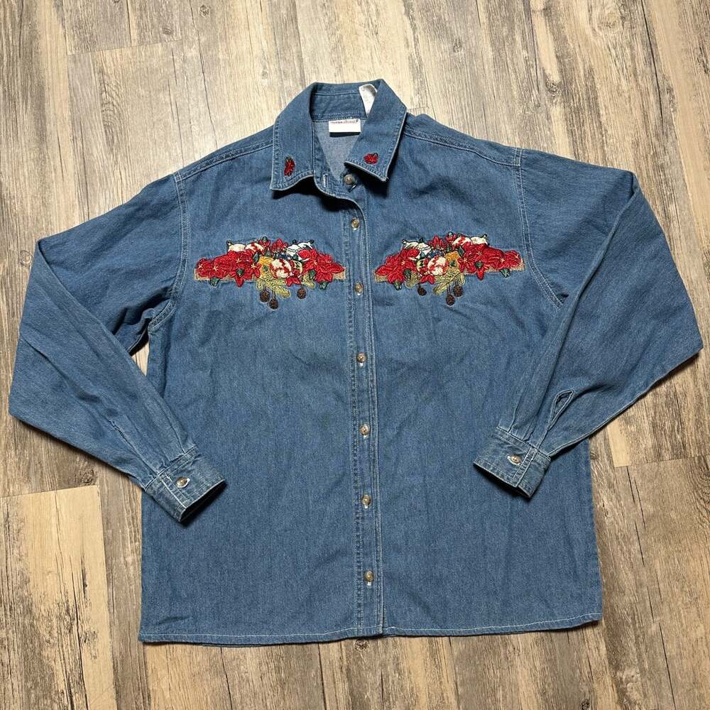 Bobbie Brooks Embroidered Poinsettias & Ornaments Denim Shirt Christmas Small